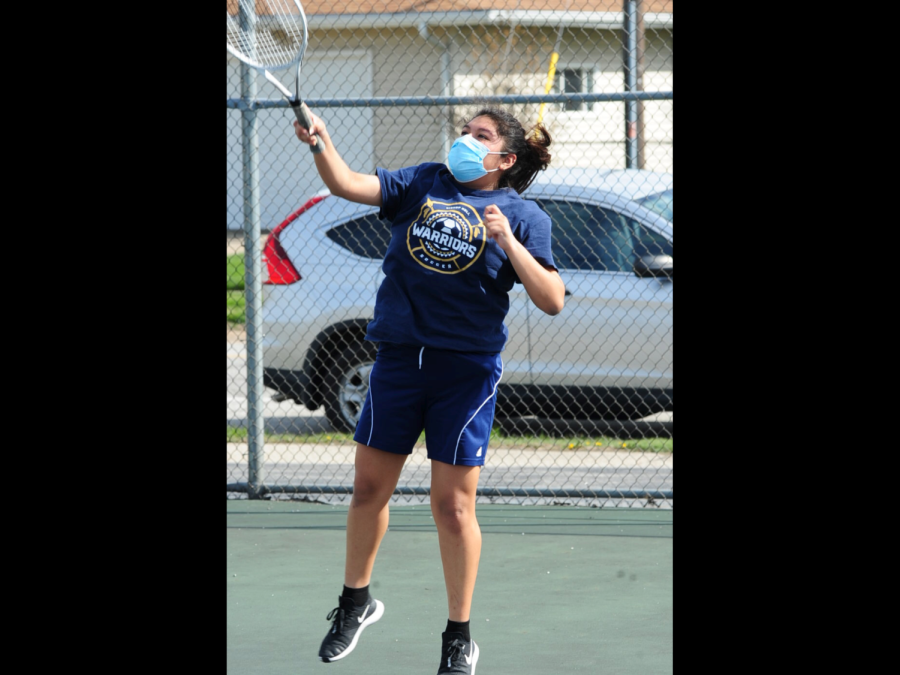 Laura Bautista seen playing tennis for Bishop Noll’s tennis team, her freshman year. The tennis season will start in March. 