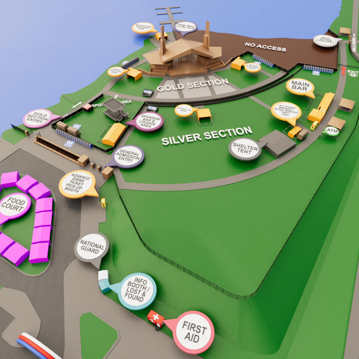 This picture, provided by the website of the Festival of the Lakes, demonstrates the layout of the event during Lil Wayne’s performance. It shows the gold and silver sections along with things like the bar, food court, and bathrooms. This map could also give you a general idea of what the other days would look like.